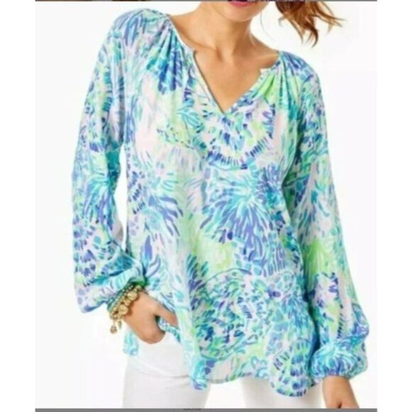 Lilly Pulitzer Lilly Pulitzer WILLA Pink Blue Turtle Print Rayon Blouse size lar - Picture 1 of 6